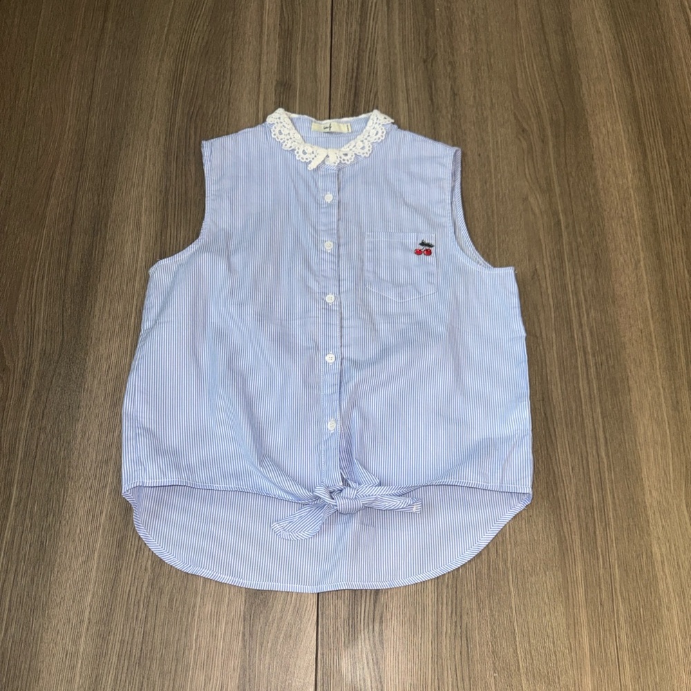 In.f Blue Striped Sleeveless Blouse Lace Collar Cherry Embroidery Tie Front S